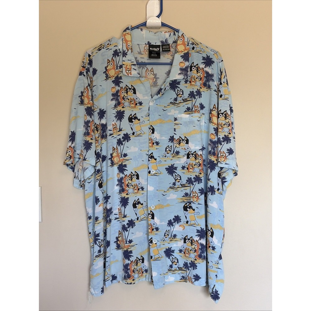 Bluey Bingo Allover Hawaiian Tropical Birthday Party Button Down Shirt Mens 3XL
